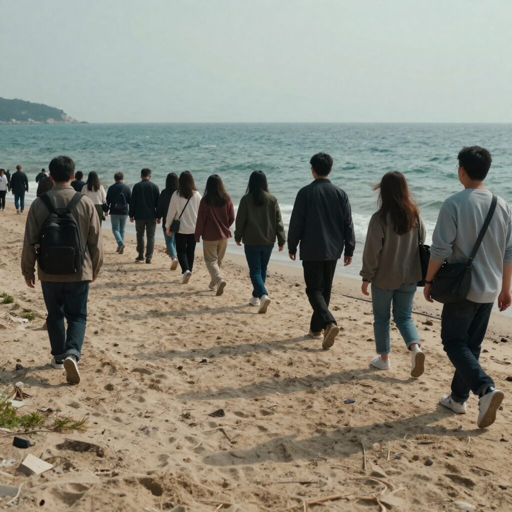 진도 신비의 바닷길에서 많은 사람들이 바다 위를 걷고 있는 모습