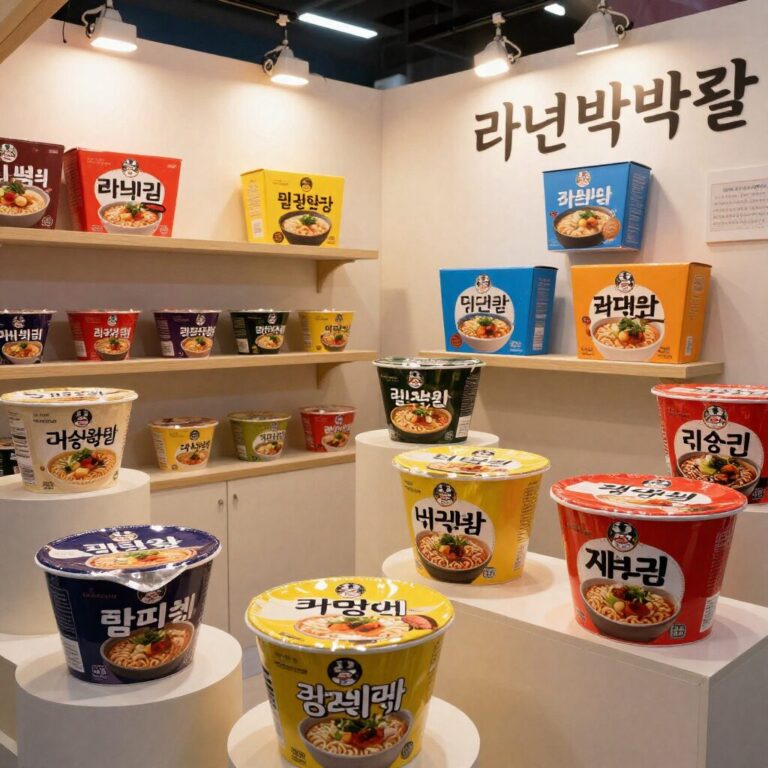 색상이 선명한 라면 박스와 다양한 라면 그릇이 진열된 라면박람회 부스 내부 모습