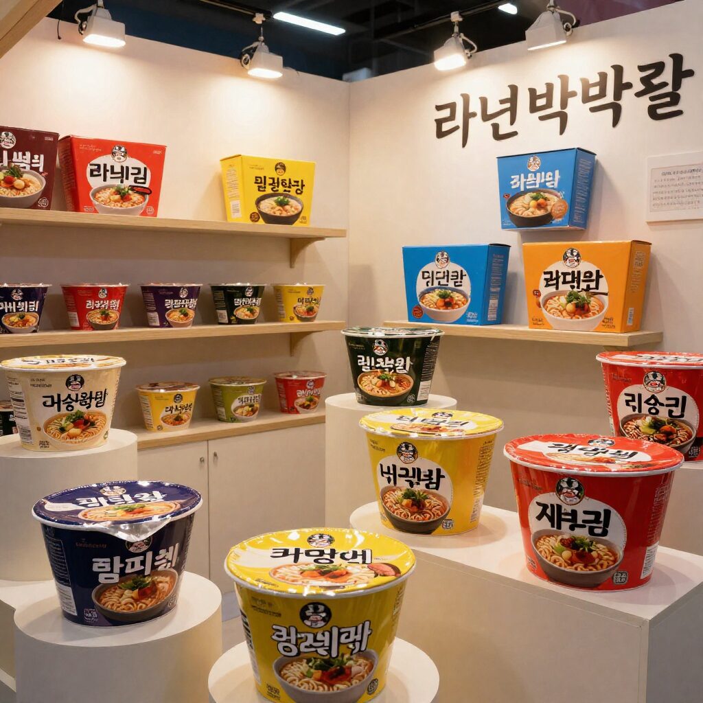 색상이 선명한 라면 박스와 다양한 라면 그릇이 진열된 라면박람회 부스 내부 모습