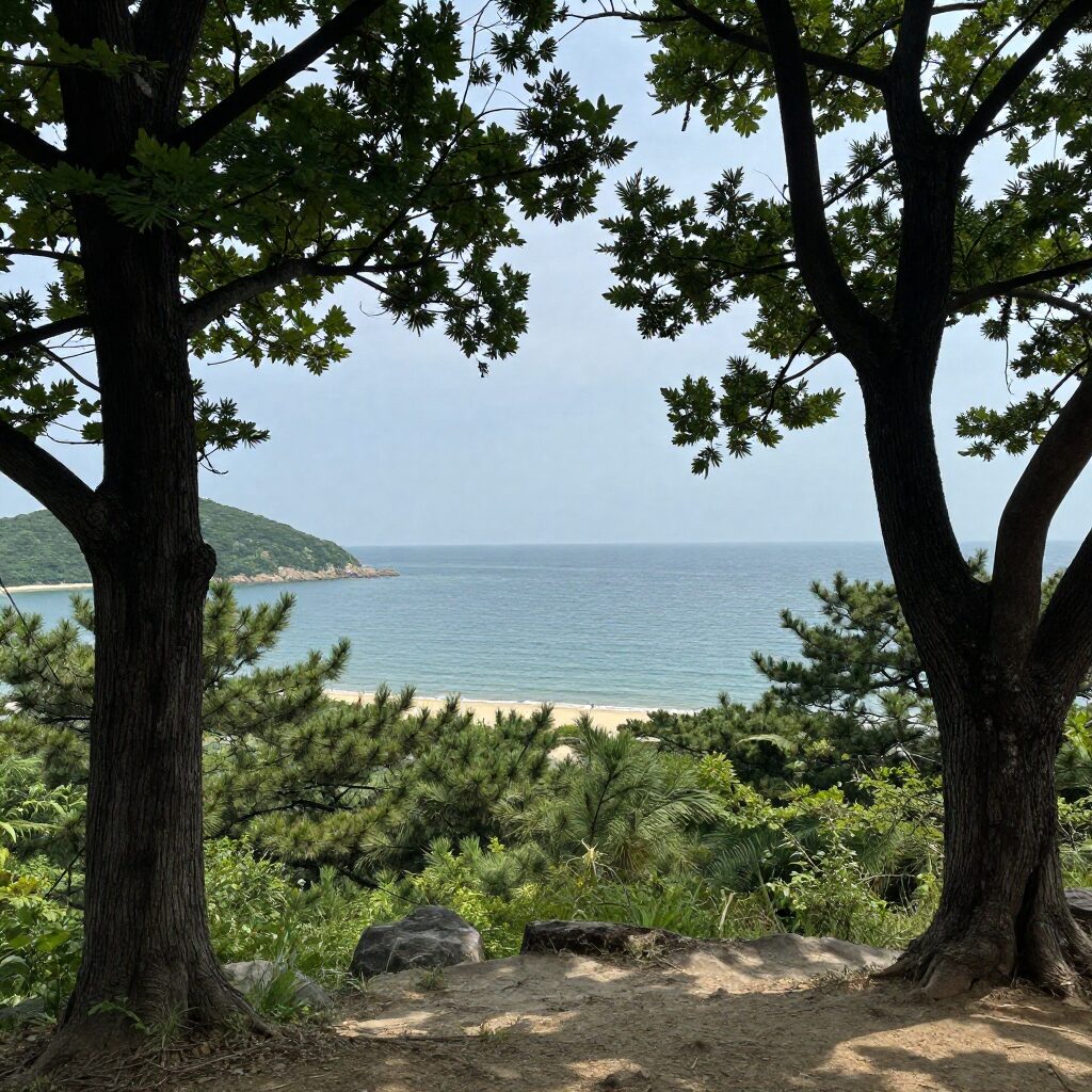 서천 마량리 동백나무숲 정상에서 바라본 탁 트인 바다 전경