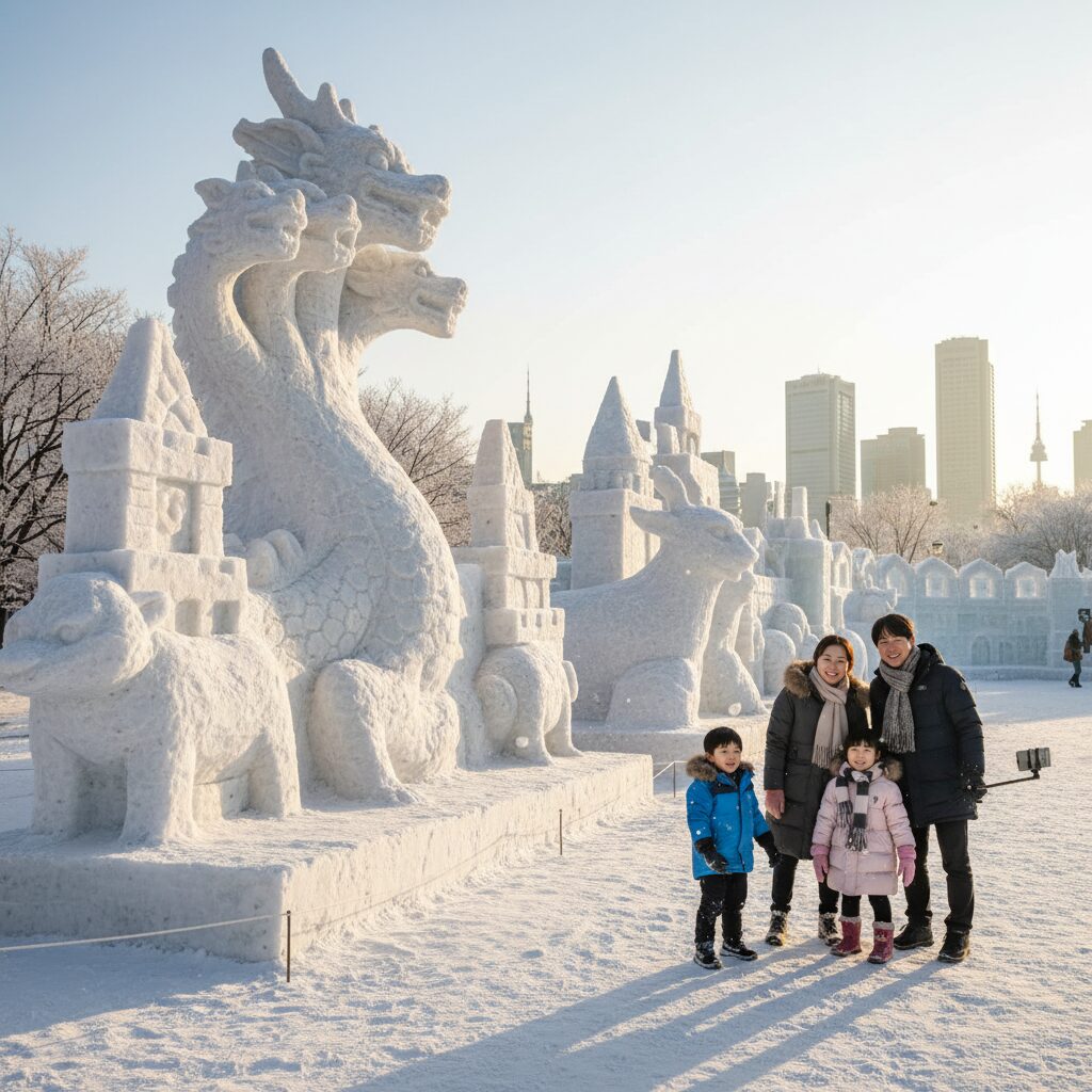 겨울 설원 위에 설치된 대형 눈조각과 즐거워하는 가족 방문객들