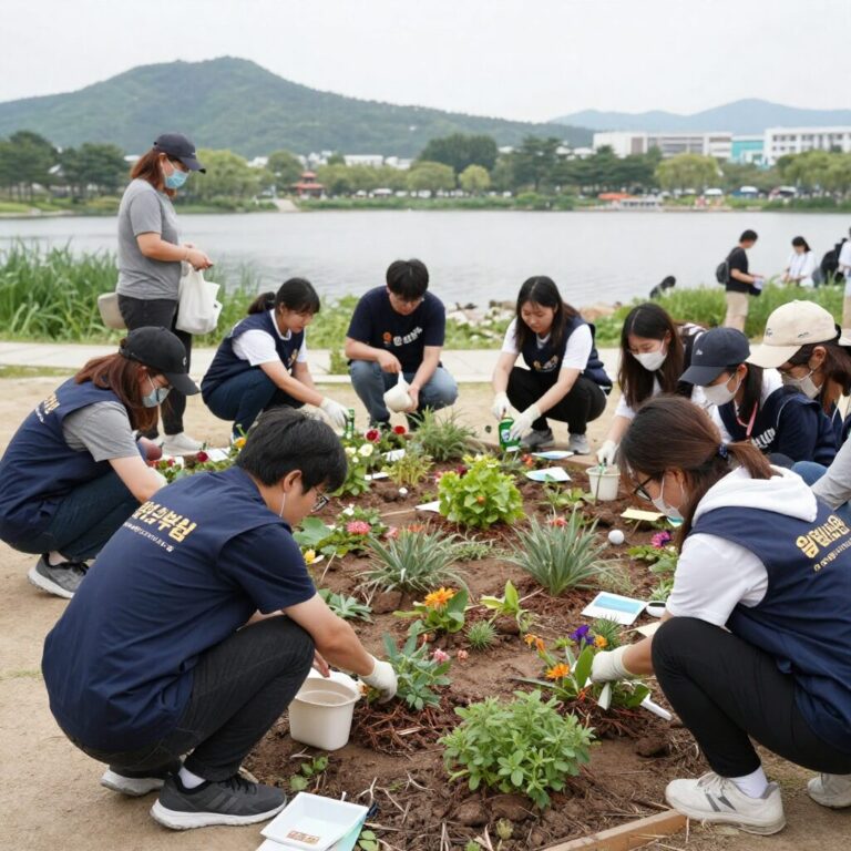 의왕시민정원사협회 회원들이 왕송호수공원 작가정원에서 봉사활동을 하는 모습