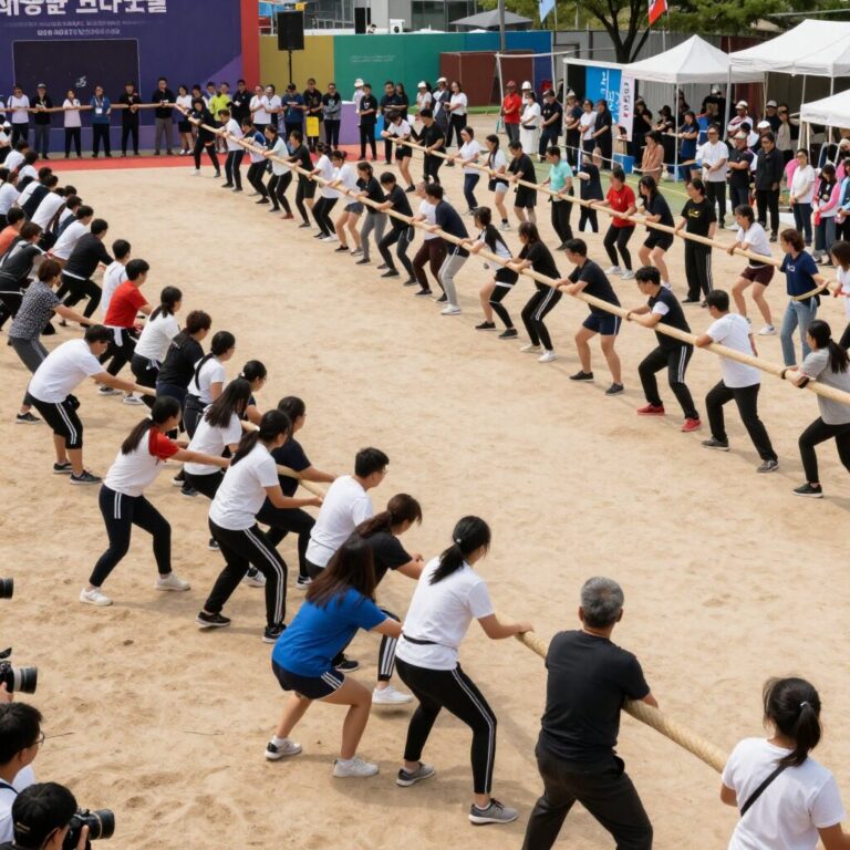 기지시줄다리기 축제 본행사 장면, 많은 사람들이 거대한 줄을 당기고 있다
