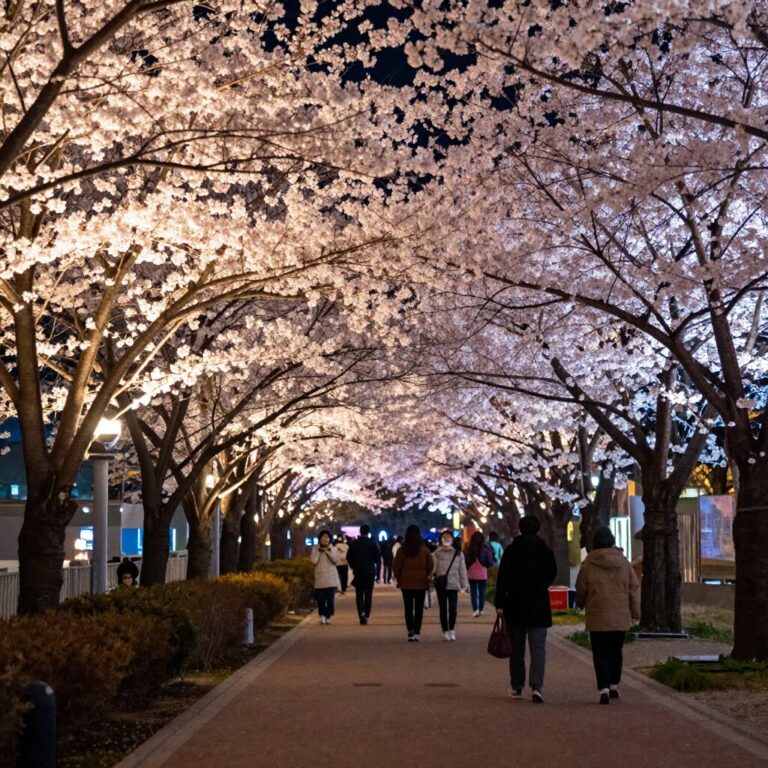 야간에 조명이 켜진 영암 왕인문화축제장과 벚꽃길의 몽환적인 풍경