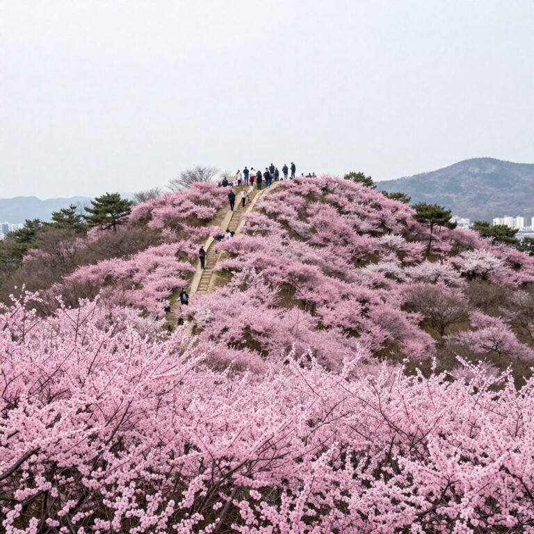 봄날 여수 영취산 능선에 펼쳐진 분홍빛 진달래 군락 풍경