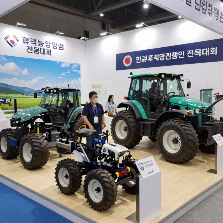 한국후계농업경영인 전국대회 전시회장 내 다양한 농기계가 전시되어 있는 모습