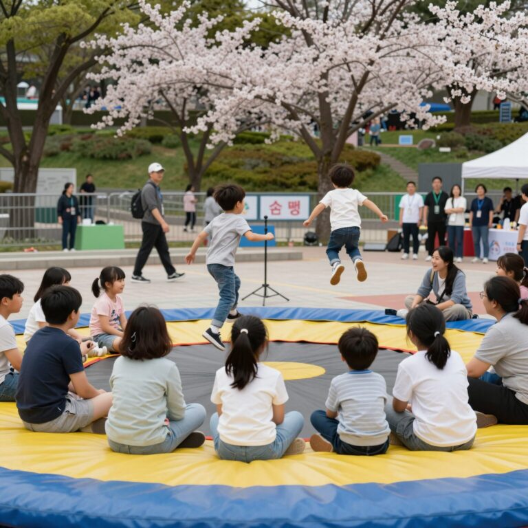 국회 중앙잔디광장에서 열리는 봄소풍 행사, 가족들이 돗자리에 앉아 버스킹 공연을 감상하고 아이들이 에어바운스에서 뛰어노는 모습