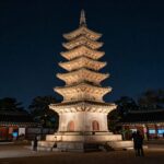 밤에 아름답게 빛나는 부여 정림사지 오층석탑과 야행 장면