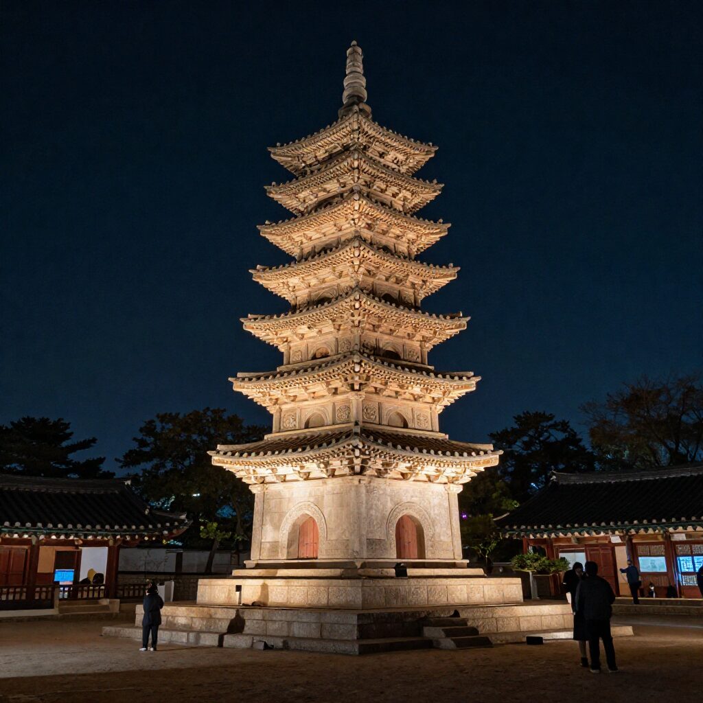 밤에 아름답게 빛나는 부여 정림사지 오층석탑과 야행 장면