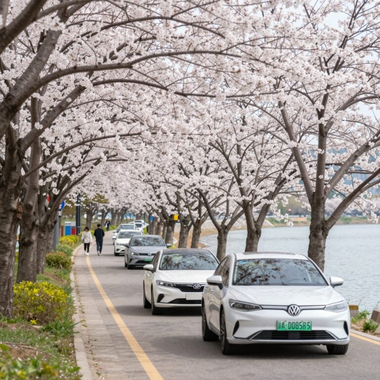 2026 제천 청풍호 벚꽃길을 따라 드라이브하는 장면, 호수와 벚꽃나무가 어우러진 봄 풍경