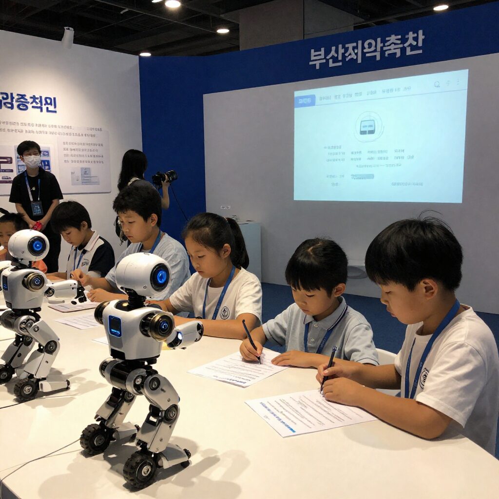 어린이들이 부산과학축전 체험 부스에서 로봇 코딩을 즐기는 모습