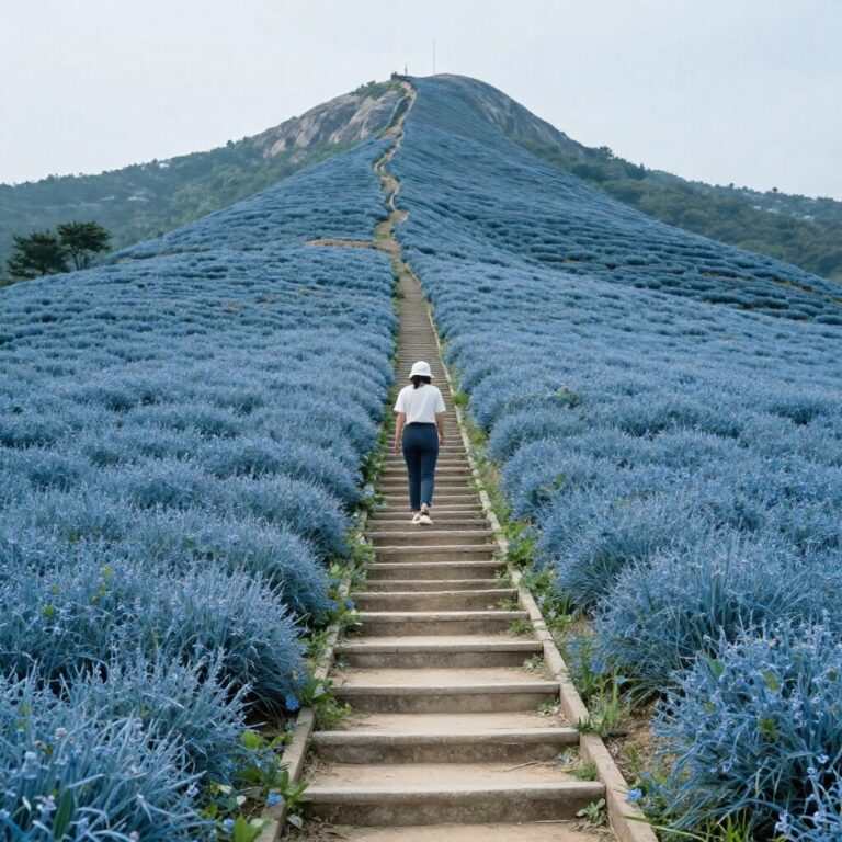 대한다원의 계단식 푸른 녹차밭과 멀리 보이는 산봉우리 풍경