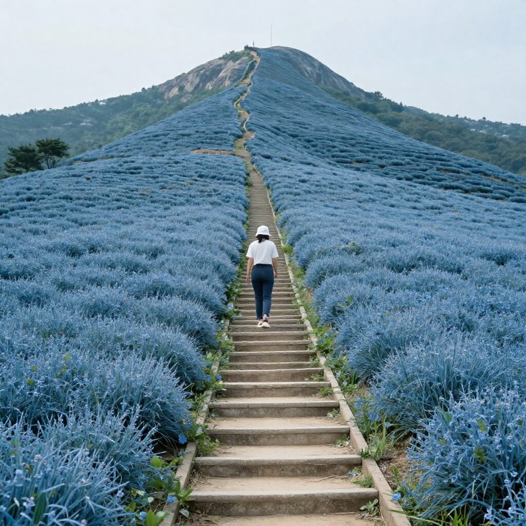 대한다원의 계단식 푸른 녹차밭과 멀리 보이는 산봉우리 풍경