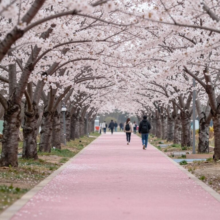 가평 에덴벚꽃길 축제장 벚꽃 터널과 핑크빛 길 조망