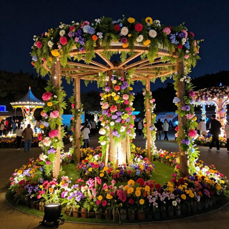 밤에 빛나는 조명과 꽃으로 장식된 김제 꽃빛드리축제 포토존