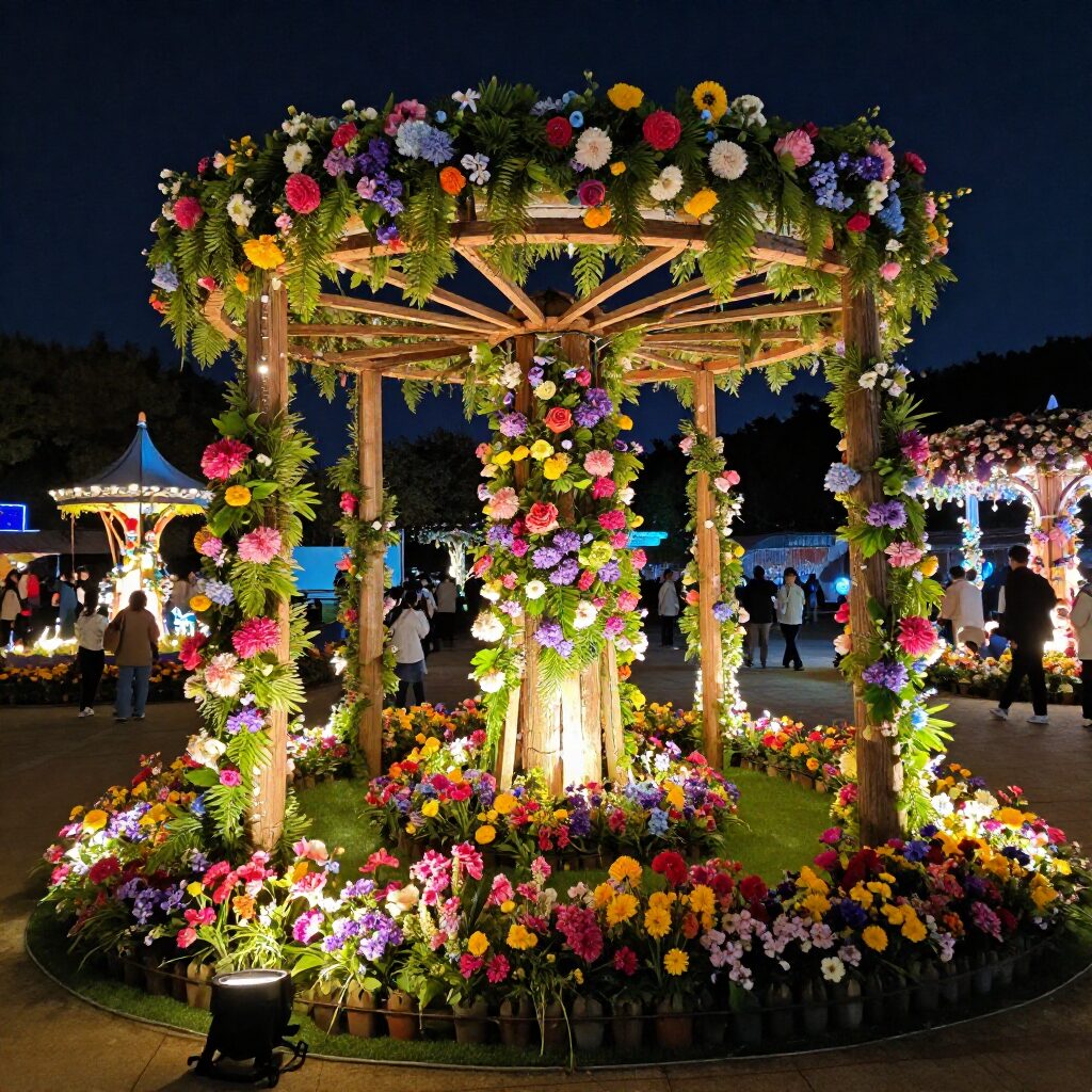 밤에 빛나는 조명과 꽃으로 장식된 김제 꽃빛드리축제 포토존