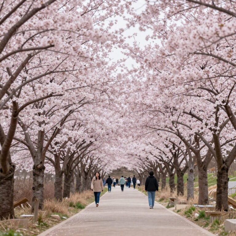 고창 벚꽃축제의 핑크빛 벚꽃 터널과 산책로 풍경