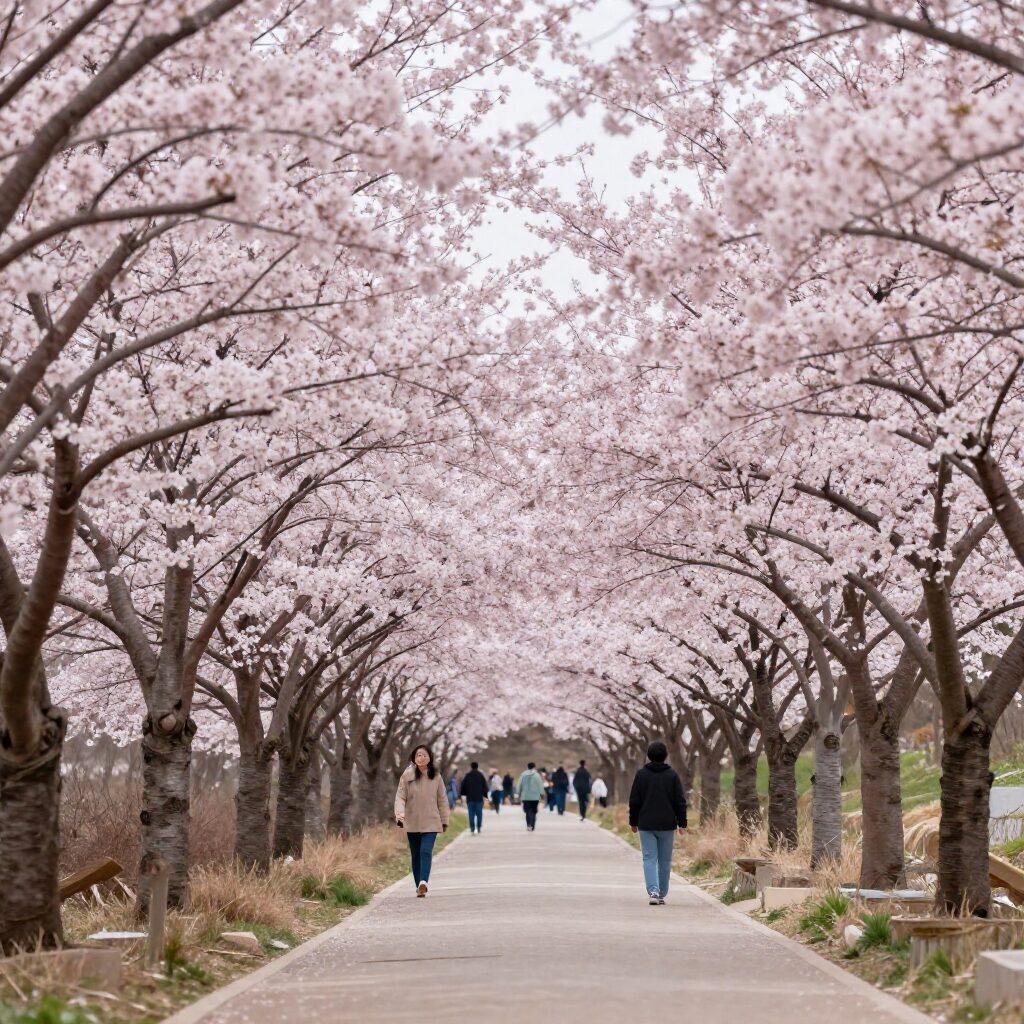 고창 벚꽃축제의 핑크빛 벚꽃 터널과 산책로 풍경