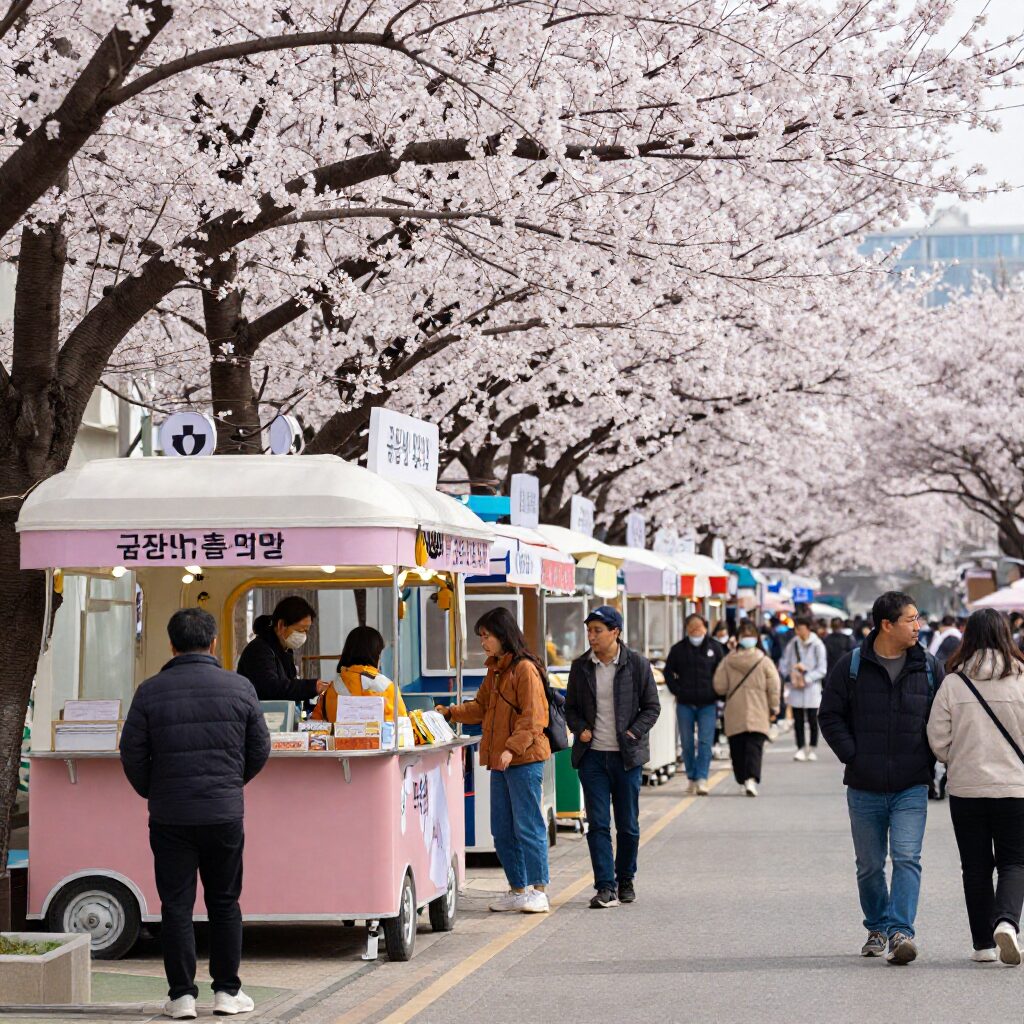 군산 은파벚꽃야시장 푸드트럭과 사람들
