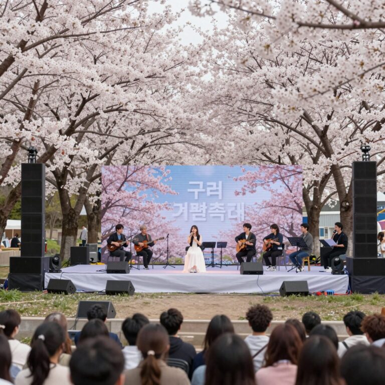 구례 벚꽃축제 개막식 공연장 야외 무대와 벚꽃 나무