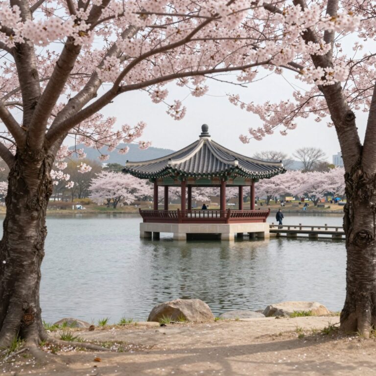 봄날 햇살 아래 분홍빛 벚꽃이 만개한 경포대 정자와 호수 전경