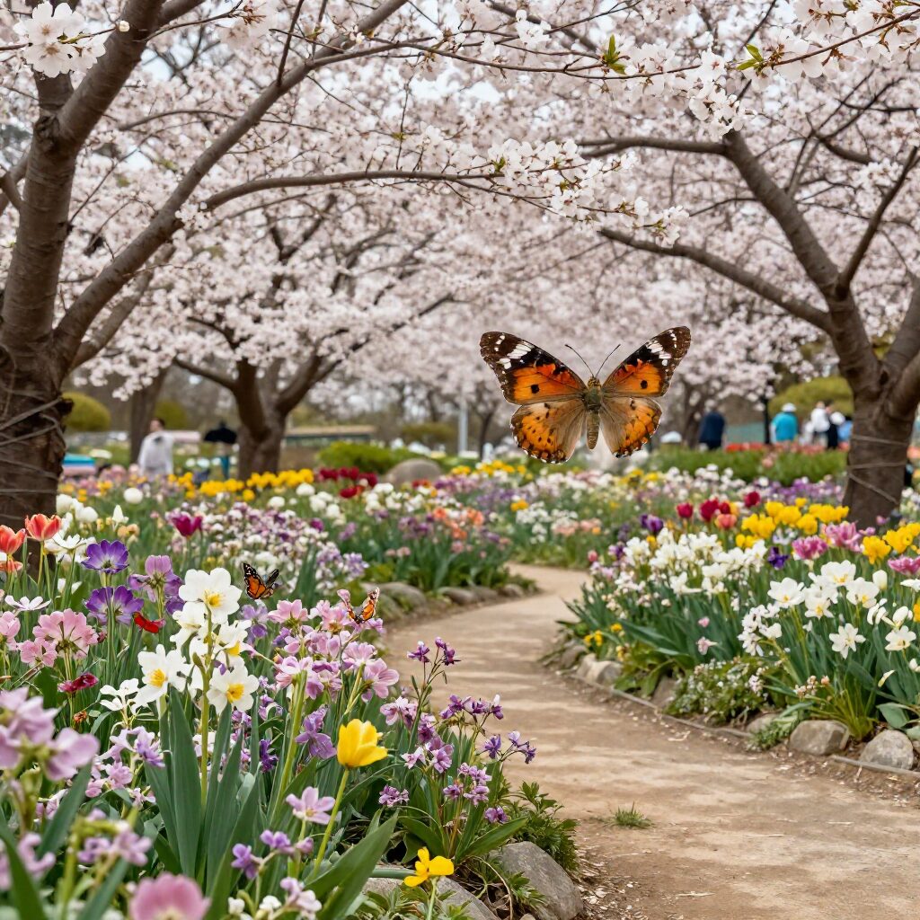 함평나비공원 내 화사한 봄꽃과 나비가 날아다니는 정원 풍경