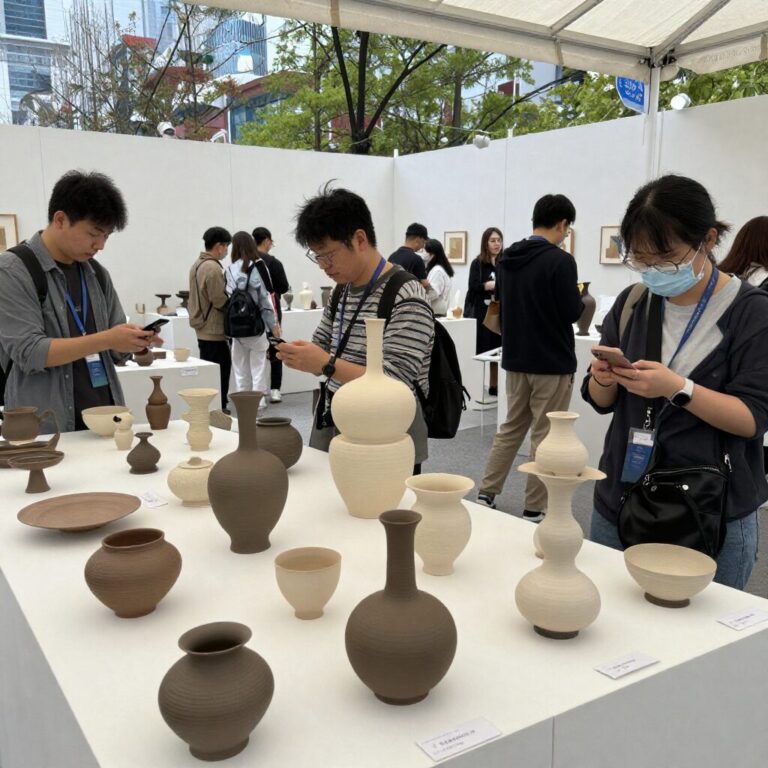 봄날 이천도자기축제 야외 전시장의 다양한 도자기 작품과 관람객들