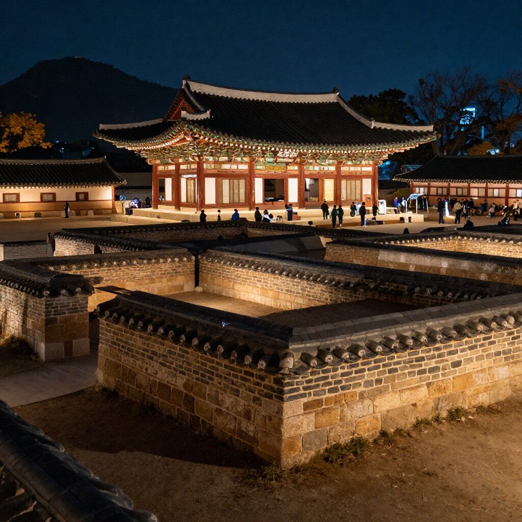 밤에 조명을 받아 아름다운 익산 백제 왕궁리 유적 야경과 체험 행사장 풍경