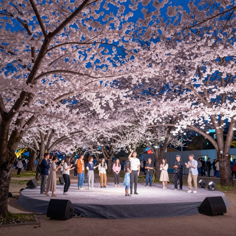 인천 자유공원 벚꽃축제 야간 공연과 벚꽃 조명이 어우러진 모습