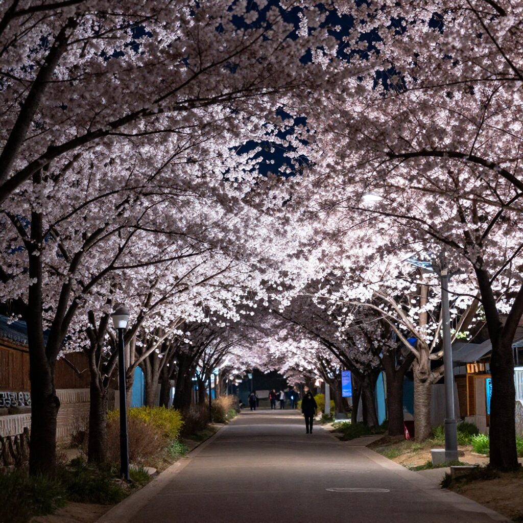 야간 조명이 비친 정읍 벚꽃길