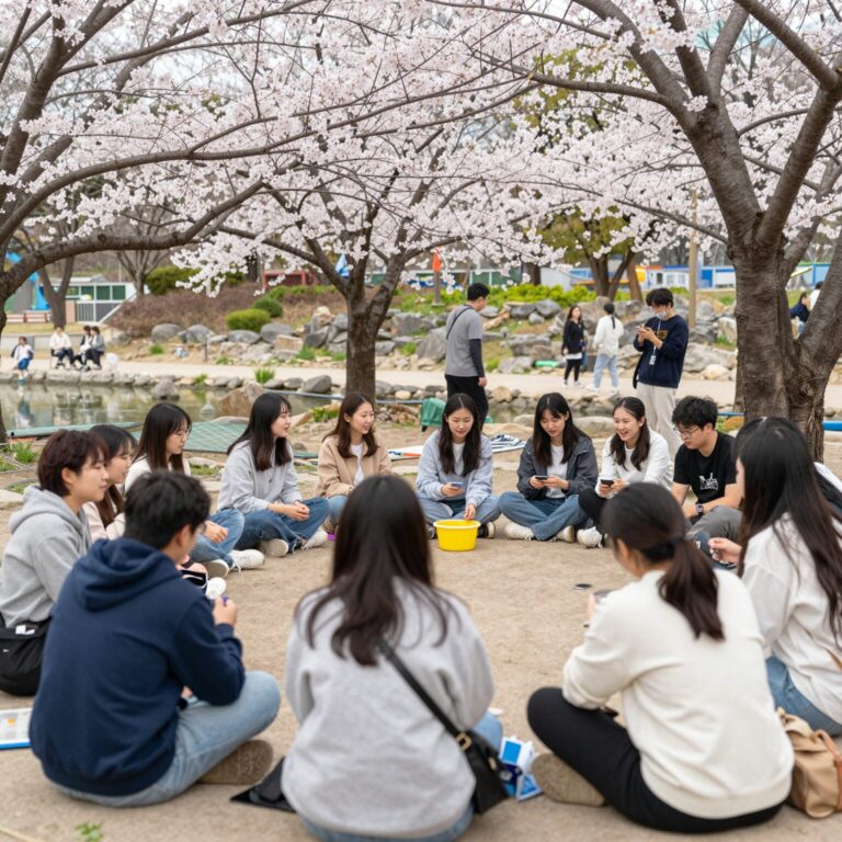 봄날 양재천에서 열리는 무브살롱 페스티벌의 활기찬 모습, 사람들이 소통하고 즐기는 모습