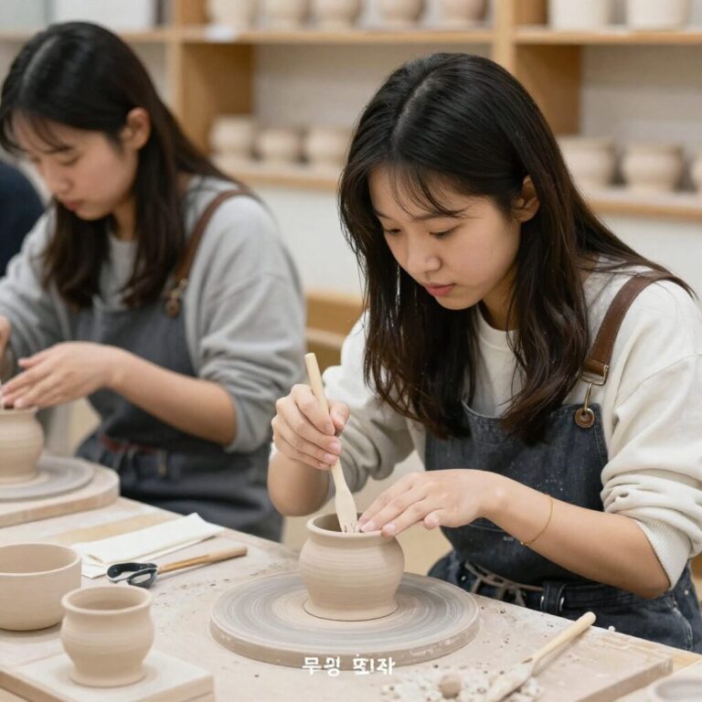 문경찻사발축제에서 젊은 여성이 도자기 체험을 즐기는 모습