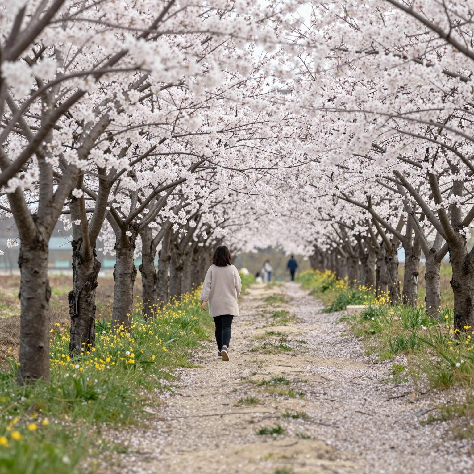 낙동강변을 따라 핀 벚꽃 터널과 유채꽃 밭의 봄 풍경