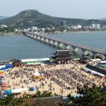 남해각에서 바라본 축제장과 남해대교의 모습