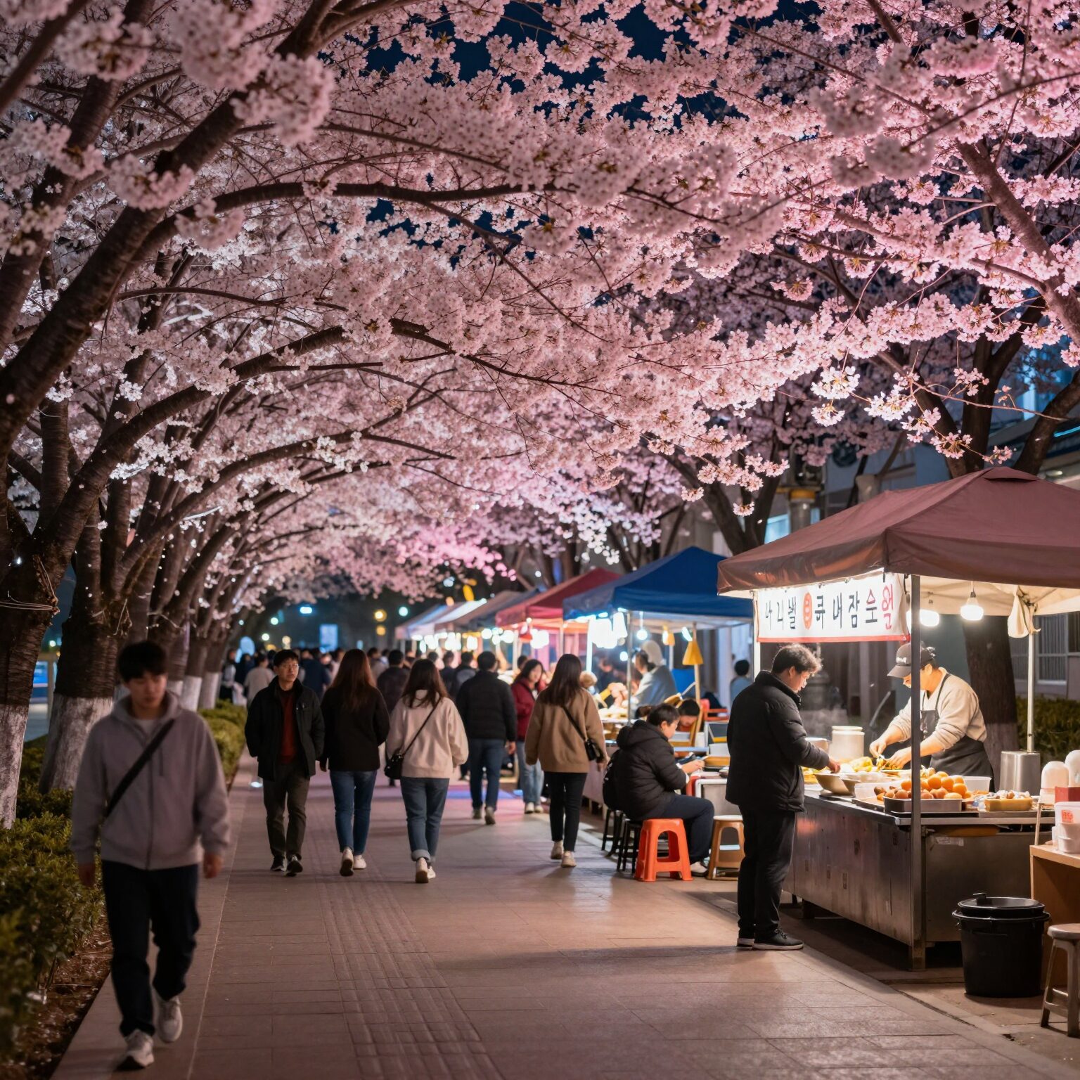 밤에 조명을 받아 핑크빛으로 빛나는 사상 가로공원길 벚꽃 터널과 북적이는 야장 포차 분위기