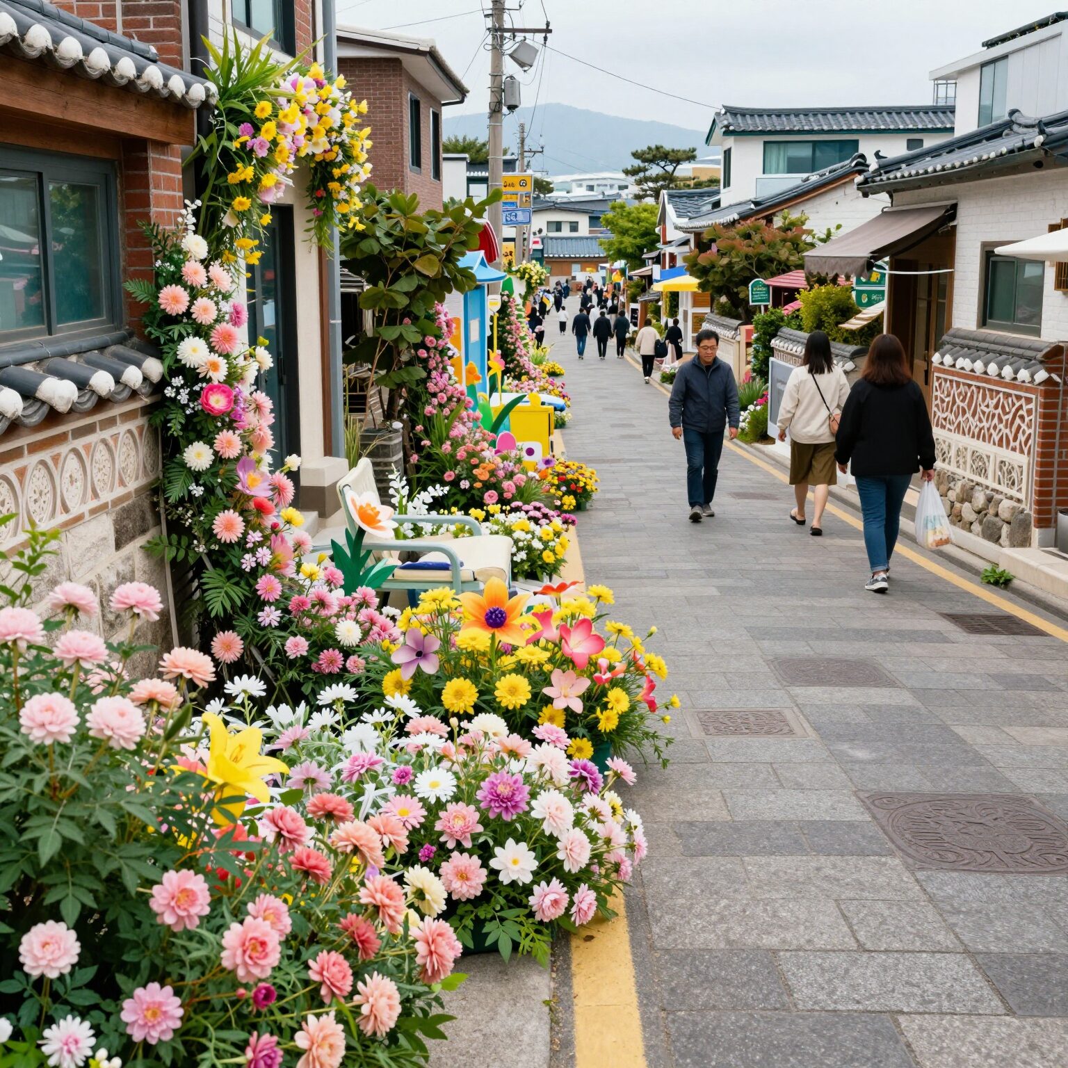 페스티벌 기간 동안 꽃으로 장식된 서귀포 원도심 골목길 풍경