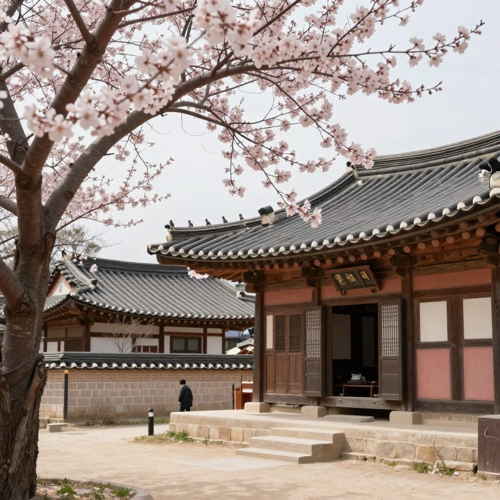 남원 춘향제期间 광한루원의 봄 꽃과 전통 구조물이 어우러진 풍경