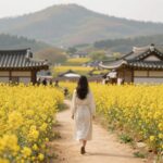 2026년 양평 산수유 한우축제 즐기기 위한 모든 것 노란 산수유 꽃길 따라 걷는 여성의 뒷모습과 황금빛으로 물든 마을 풍경