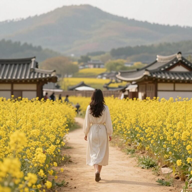 노란 산수유 꽃길 따라 걷는 여성의 뒷모습과 황금빛으로 물든 마을 풍경