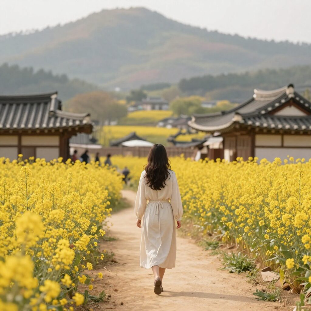 노란 산수유 꽃길 따라 걷는 여성의 뒷모습과 황금빛으로 물든 마을 풍경