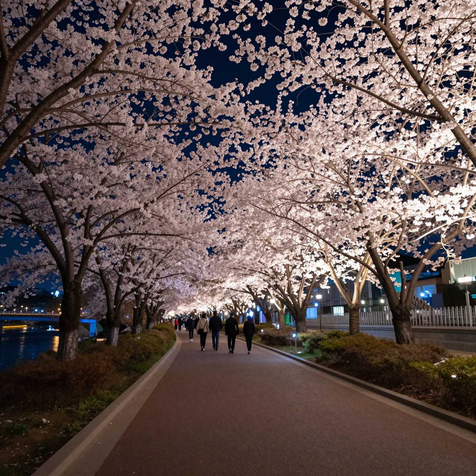 밤에 조명을 받아 화려하게 빛나는 양양 남대천 벚꽃길 야경 풍경