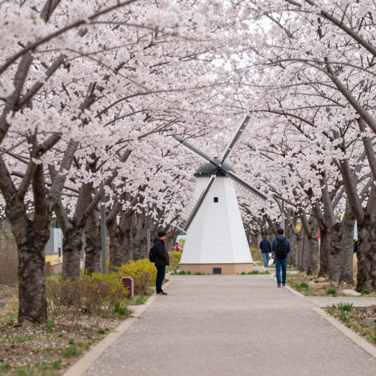 여주 흥천남한강 벚꽃축제장의 벚꽃 터널과 풍차 포토존 풍경