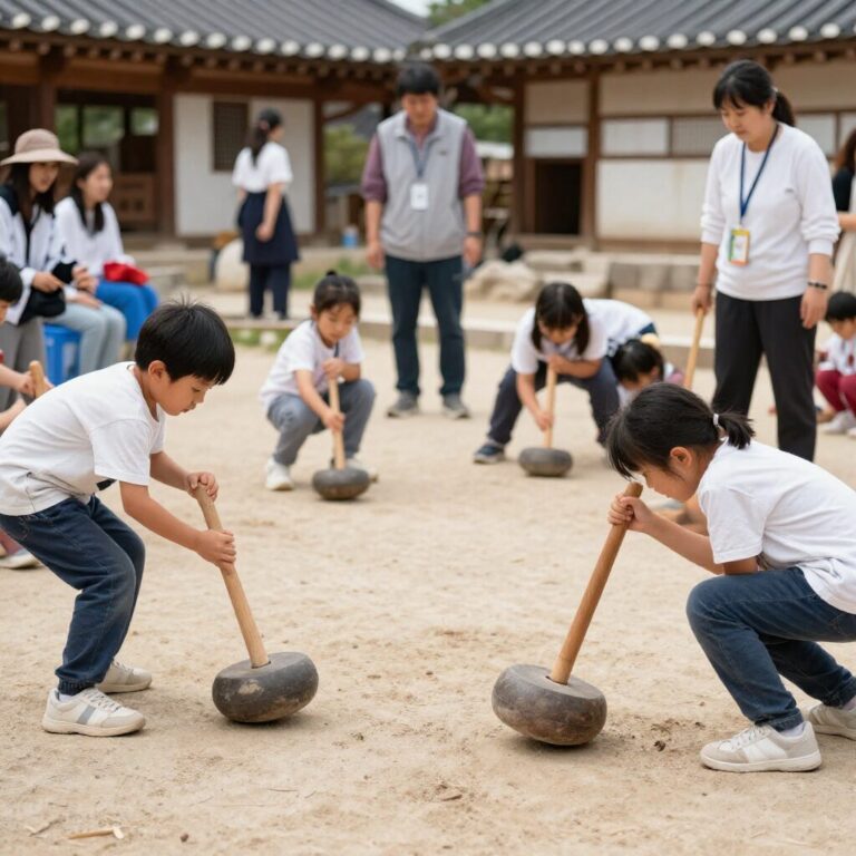 연천 구석기축제에서 아이들이 돌도끼 체험을 하고 있는 모습