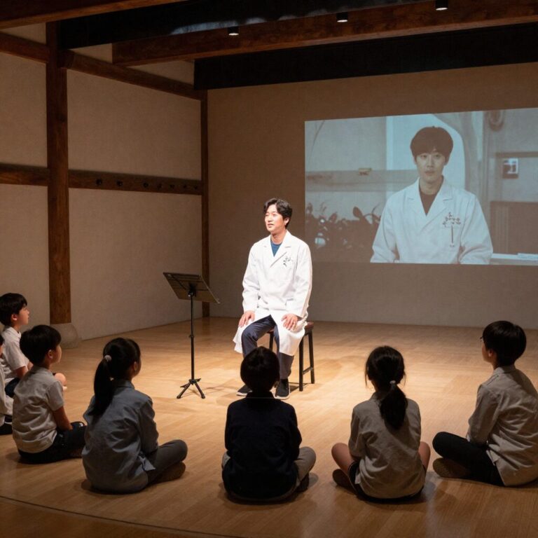 윤봉길 의사 기념관 내부에서 배우들이 아이들 앞에서 뮤지컬 공연을 하고 있는 모습