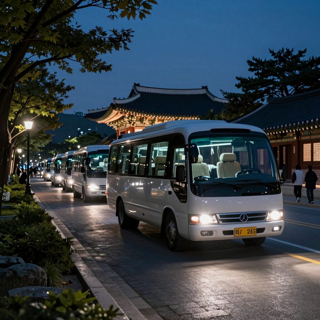 현충사 달빛야행 셔틀버스와 야간 조명이 비치는 산책로