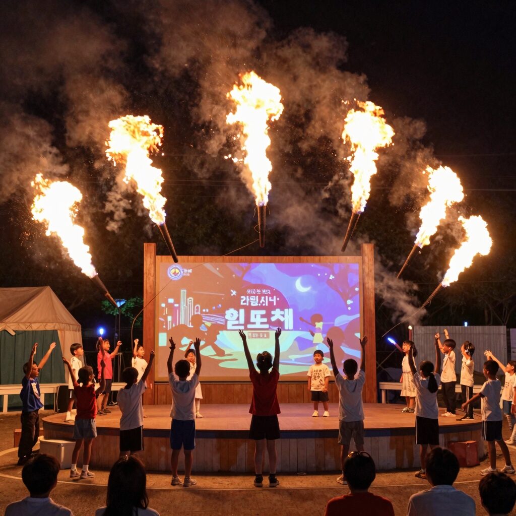 의왕 어린이 철도 축제 저녁 불꽃쇼와 공연 장면