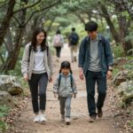 가족이 계족산 황톳길을 맨발로 걸으며 웃고 있는 모습