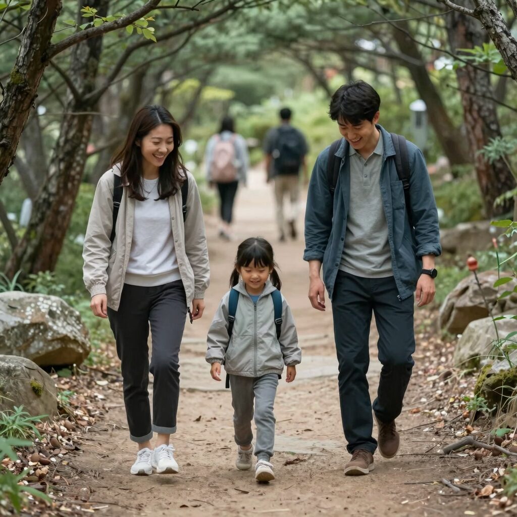 가족이 계족산 황톳길을 맨발로 걸으며 웃고 있는 모습