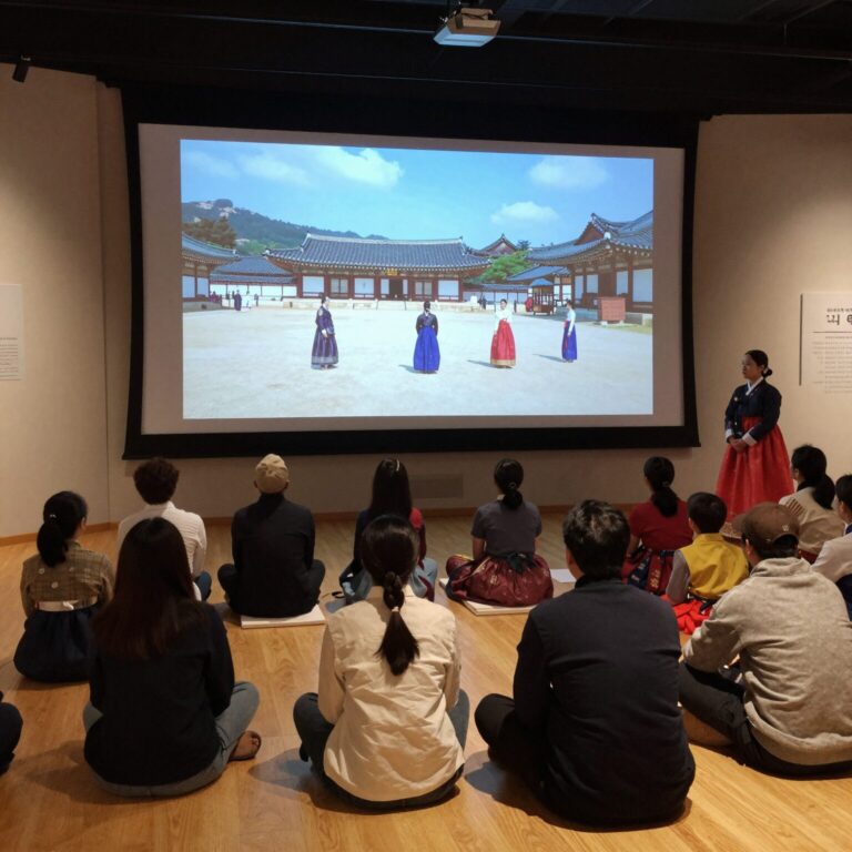 선농단역사문화관 내부 모니터로 선농대제 의식 영상 시청하는 모습