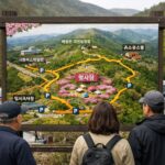 비슬산 참꽃문화제 행사장 위치와 주요 이동 경로 지도. 국립대구과학관과 비슬산 자연휴양림, 유스호스텔 위치가 표시되어 있음.